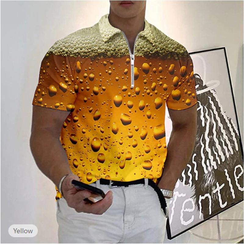 Casual Lapel T-shirt Young Men's Fashion Zipper T-shirt Short Sleeve T-shirt Men's 3D Beer Printing Print T Shirt
