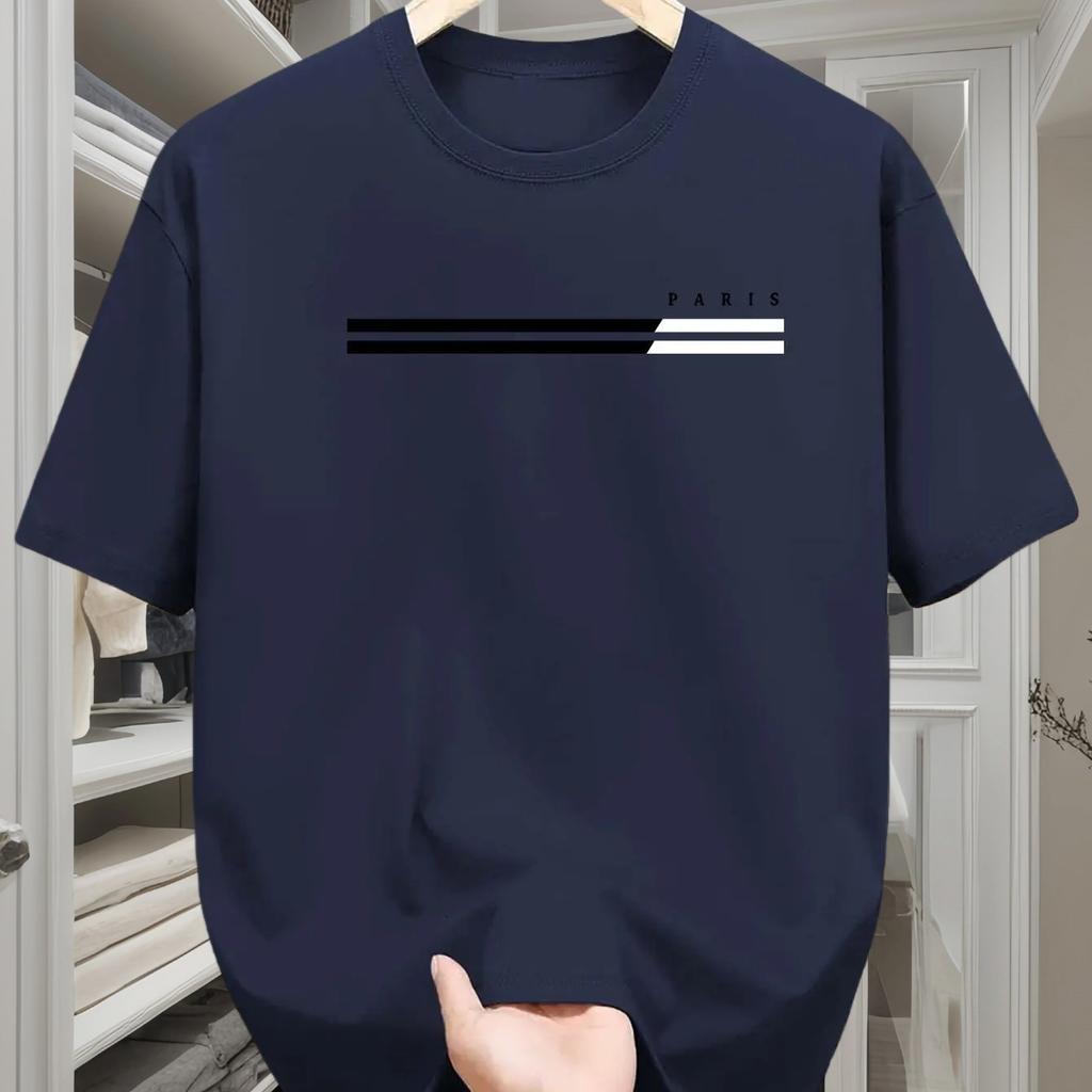 Mens Cotton Spring and Summer Casual Loose Fashion Parisian Letter Printed Comfortable Round Neck Short Sleeved Tshirt Top