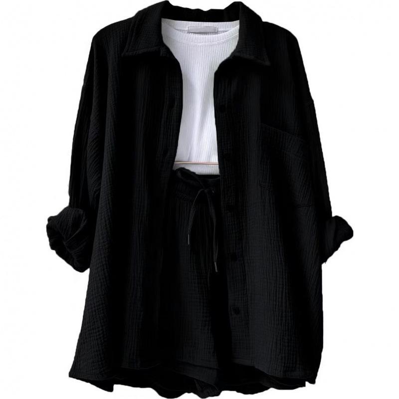 European and American Women's Crinkle Lapel Shirt & High Waist Shorts Two-Piece Set