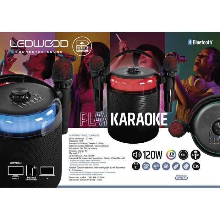 Enceinte Autonome Ledwood PLAYKARAOKE 120W, LED RVB, Bluetooth USB, 2 Micros sans fil, Effets Vocaux, Compatible TV Connectée