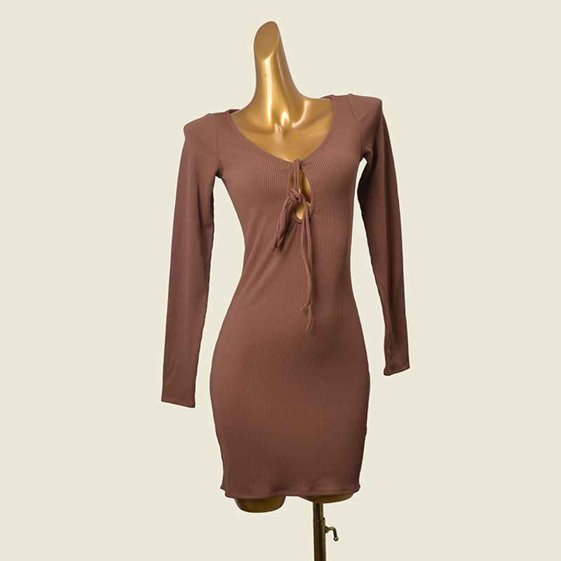 

Foreign Trade Original Order Quicksand Ripple Long Sleeves Bodycon Dress Low-Cut Sexy Sexy Slim Fit Skirt European and American Style Dress Brown S