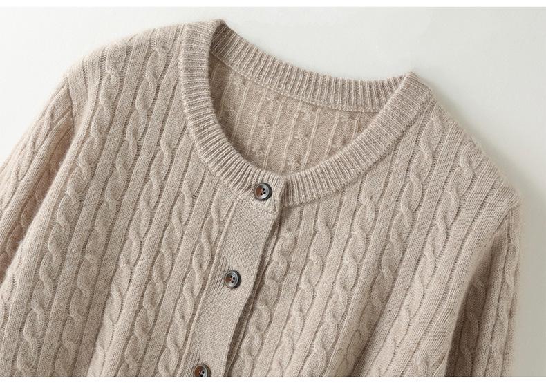 Elegant Twisted Cable Cashmere Cardigan - 2026 Autumn/Winter Women's Round Neck Thick Base Layer, Loose yet Slimming Outerwear