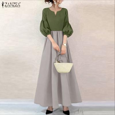 Women Casual V-Neck 3/4 Sleeve Loose Patchwork Long Dress