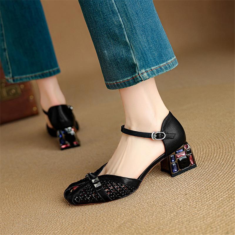 Fashion New Summer Sandals Split Leather Round Toe Sandals for Women Fashion Rivet Fish Mouth Sandals Ladies Shoes Women High Heels