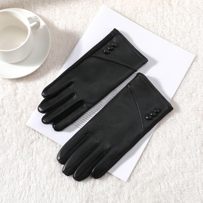 Warm leather gloves women cute velvet winter thickened outdoor riding windproof and cold driving touch screen gloves