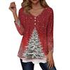 Women's Fashion Casual Christmas Tree Print V-Neck Decorative Button Long Sleeve T-Shirt Top