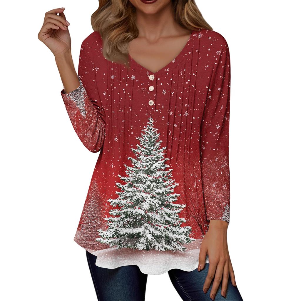 Women's Fashion Casual Christmas Tree Print V-Neck Decorative Button Long Sleeve T-Shirt Top