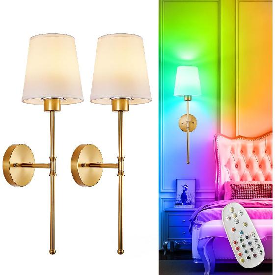 Depuley Battery Operated Wall Sconce: Set of 2 Wireless Wall Lights with 10000mAh Dimmable Bulbs and Remote for Bedroom - Rechargeable 15 Colors Gold