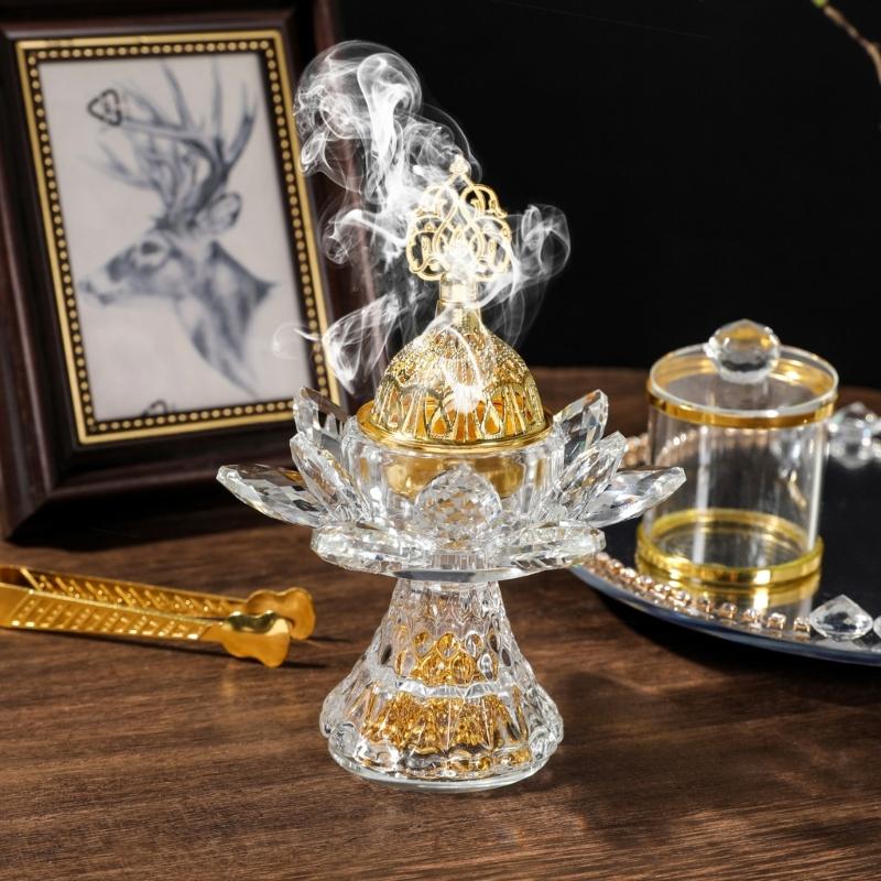 Glass Incenses Holder Set With Golden Arabic Pattern Flower Burners And Mirrored Tray Jar Tongs Spiritual Gathering Kits