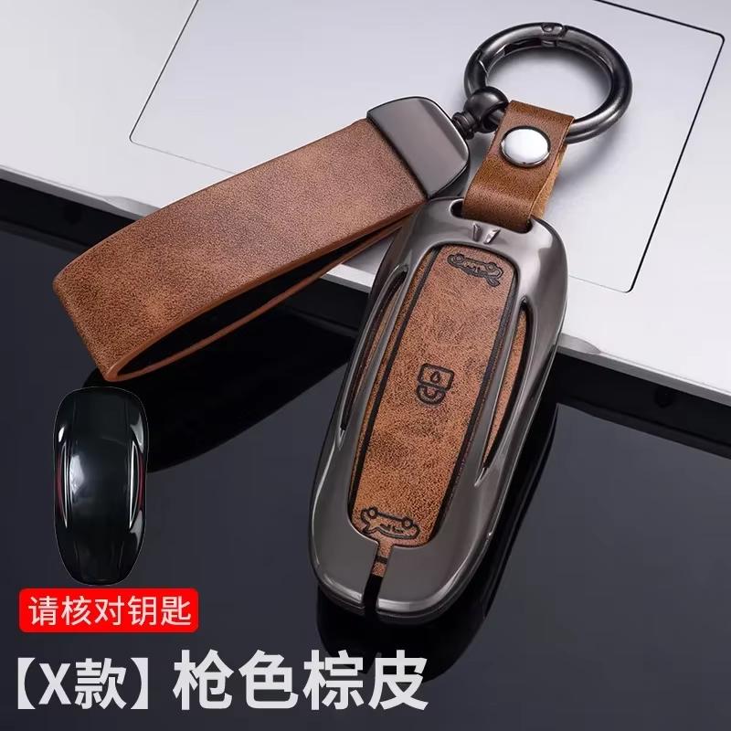 For Tesla Model3/S/X/Y Car Zinc Alloy Leather Key Case Cover Holder Protector Keychain Interior Accessories Key Case for Car