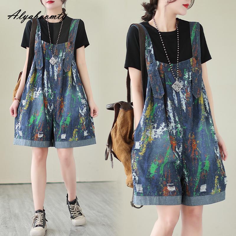 אוברול ג'ינס לנשים בסגנון קוריאני בסגנון כחול אופנתי מזדמן חליפות משחק משוחררות וינטג' רחב חורים קרועים רחב רגל קצר רומפרס