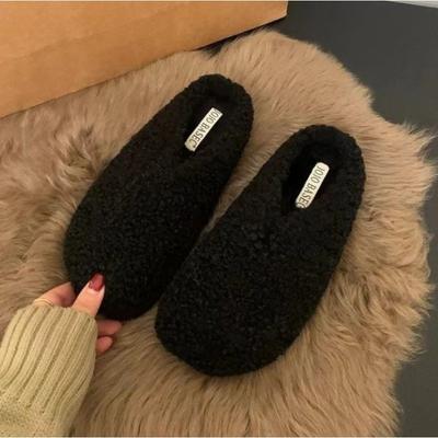 Fashion Thick Heel Luxury Lambwool Mules  Winter Shoes Woman Flip Flops Flat Cover Toe Slides Ins Warm Curly Lamb Fur Slippers Women