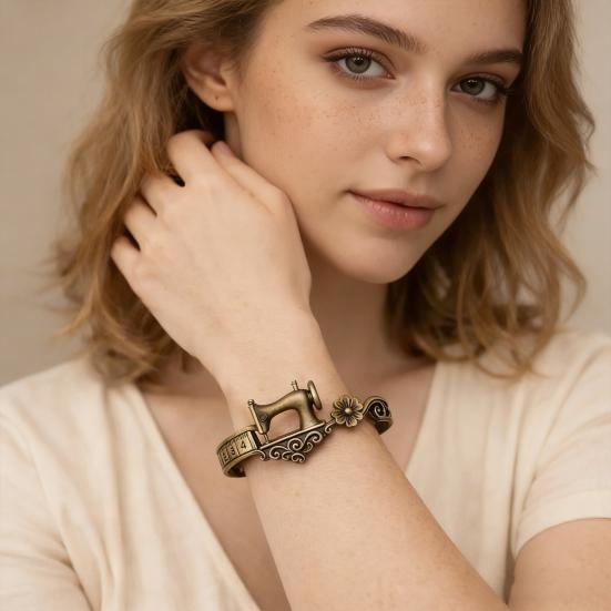 Sewing Machine Bracelet Vintage Jewelry Adjustable Open Cuff Bracelet Ring Timeless Tailoring Design Elegant Pendant for Seamstress Quilter Craft