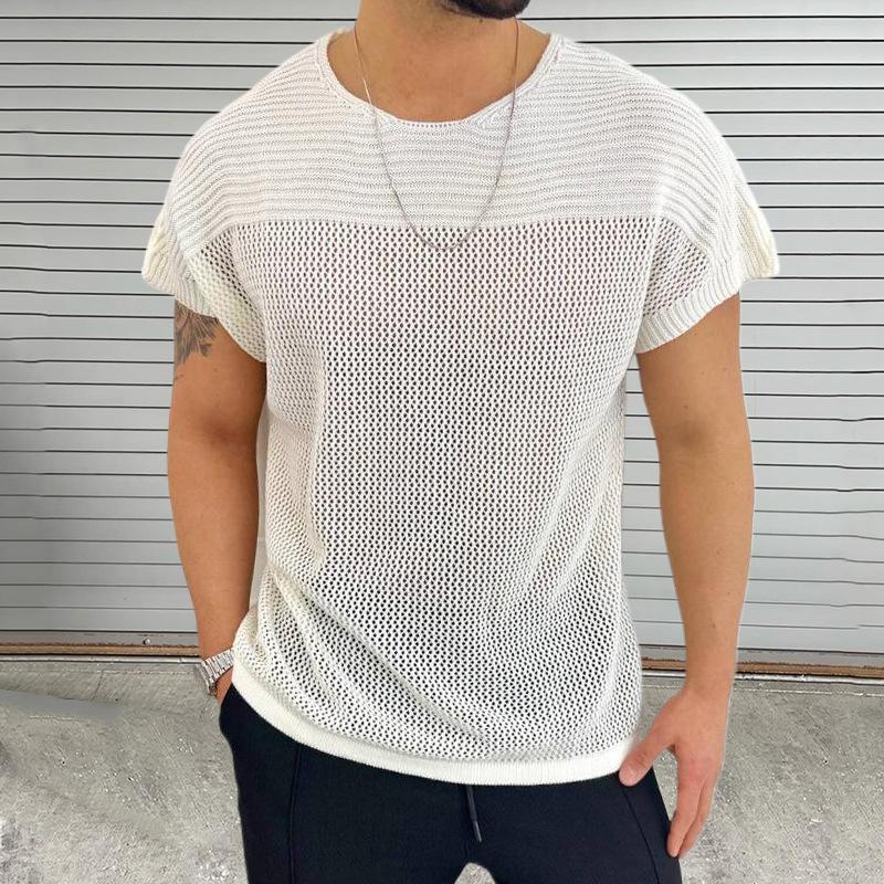 Thin, Openwork Knit Sweater, Men's Round Neck, Short Sleeves, Pullover Top