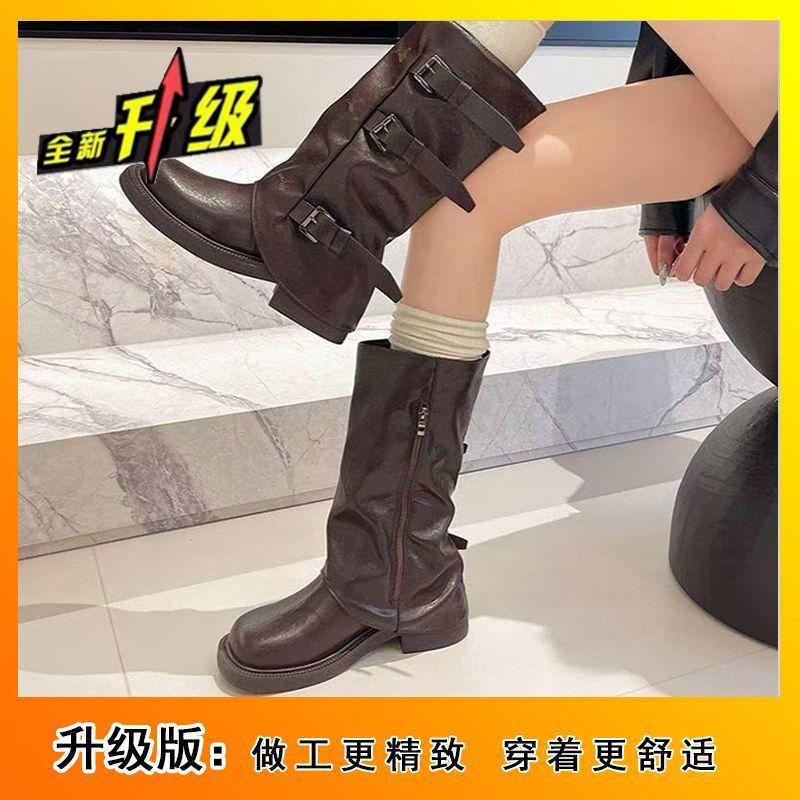 Super soft stack knight pleated boots retro medium tube belt buckle thick sole heightening trouser boots 2025 autumn and winter new