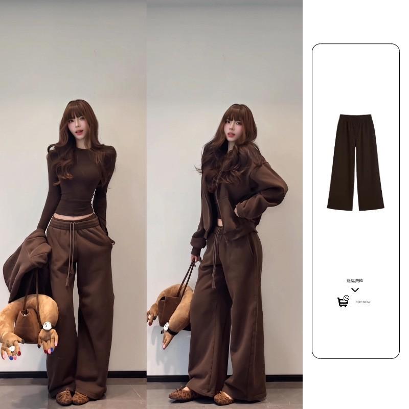 Womens Khaki Hooded Oversized Sweatshirt Set Loose Fit Casual Outfit Fall 2026 Korean Style Streetwear