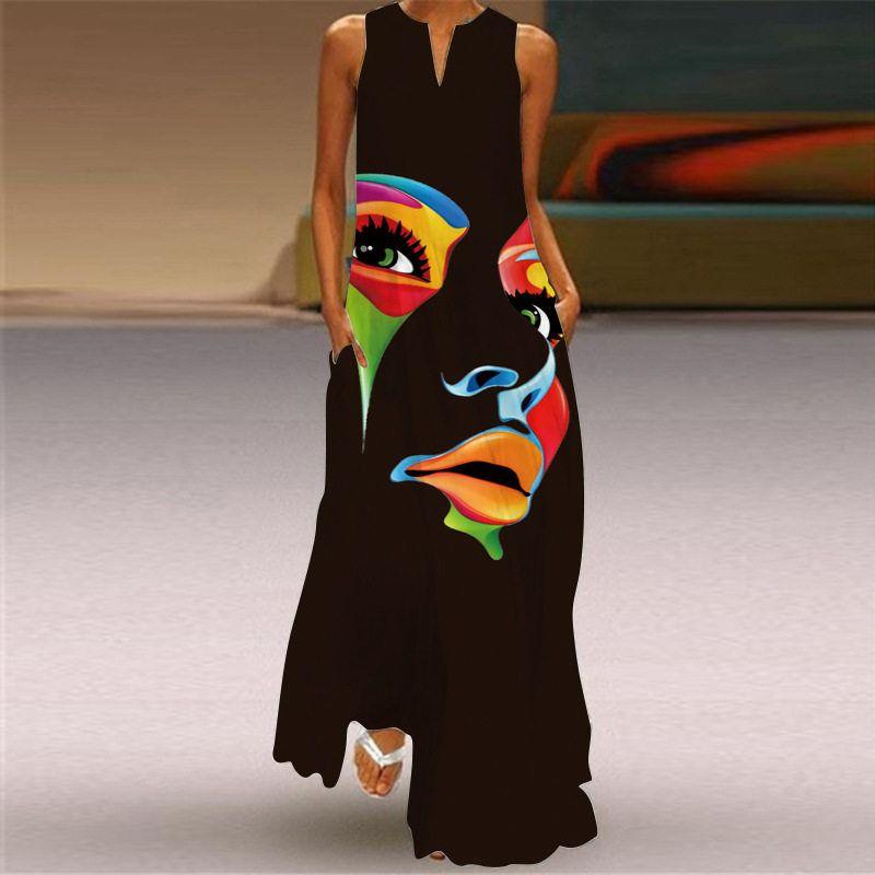 2026 Summer New European and American Retro Printed Long Dress V-Neck Multi-Color Long Sexy Sleeveless Dress 141 XXL