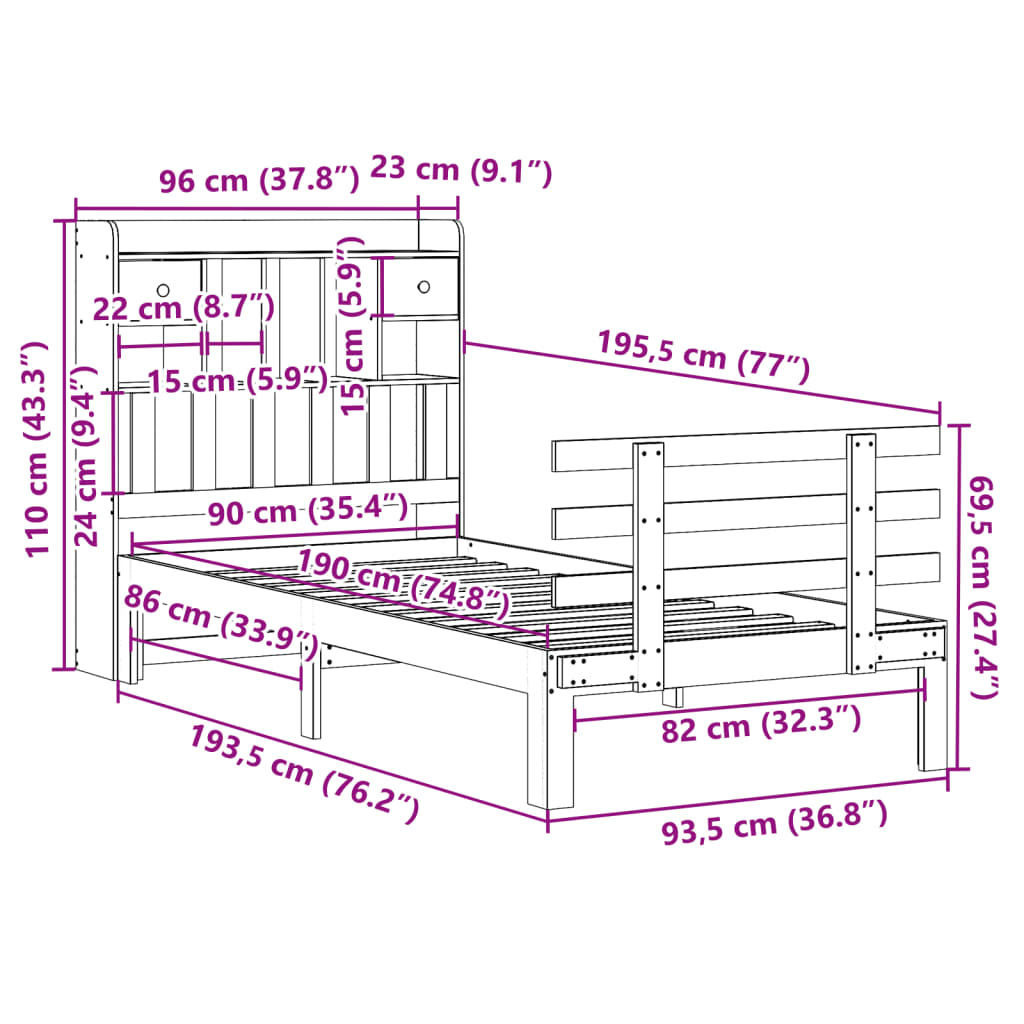 Solid Wood Bed with Shelf Without Mattress White 90x190 cm Pine