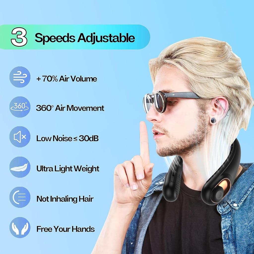 KIDEE Neck Fan, Portable Bladeless Neck Fans, Upgrade 360° Airflow, Super Quiet, 3 Speeds, 4000mAh Personal Wearable Neck Fan, Upgraded Cooling Air