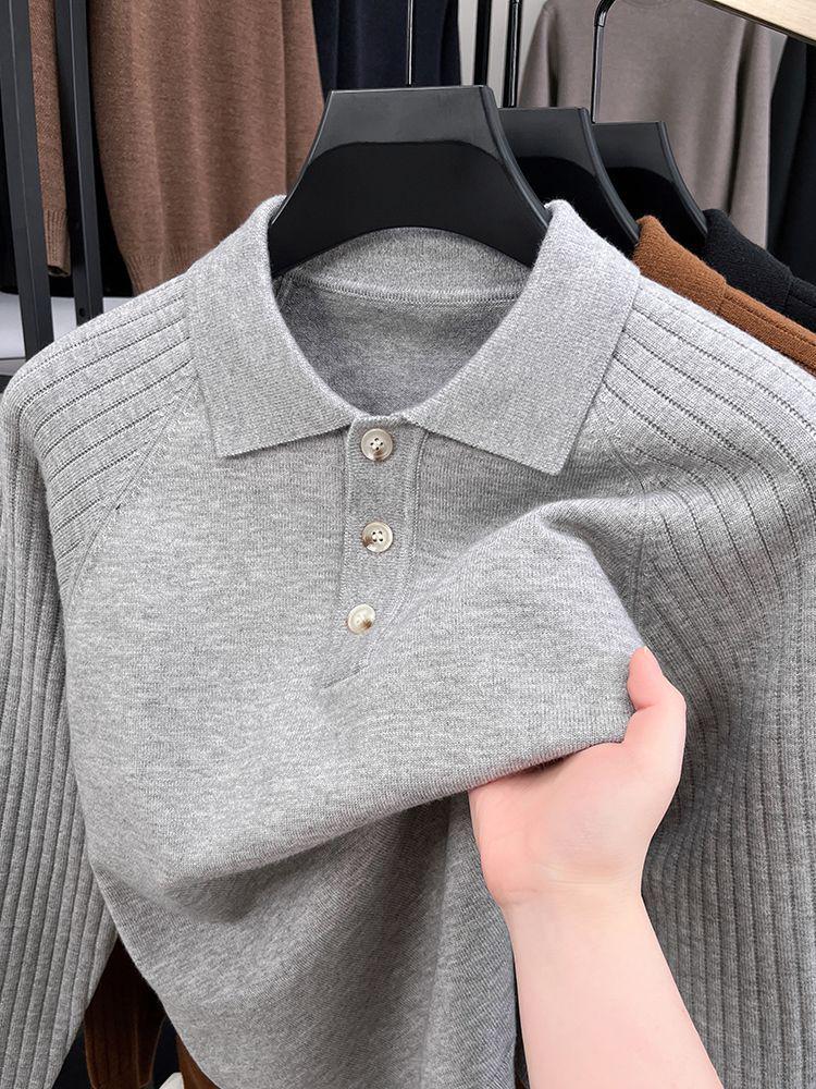 Solid Color Long Sleeve Polo Collar Wool Sweater