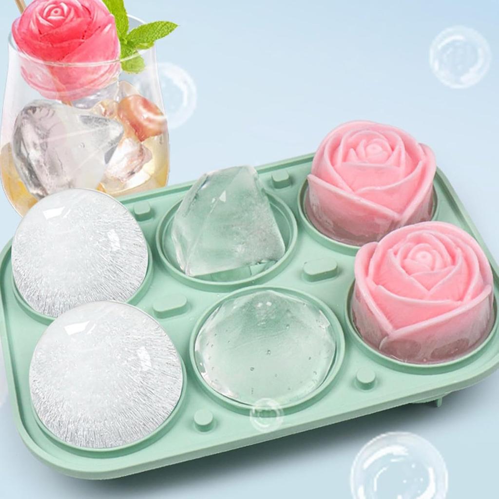 Large Silicone Ice Cube Tray with Lid Multi shape Rose Diamond Ice Hockey Round Sphere Mold for Whiskey Bourbon Cocktails