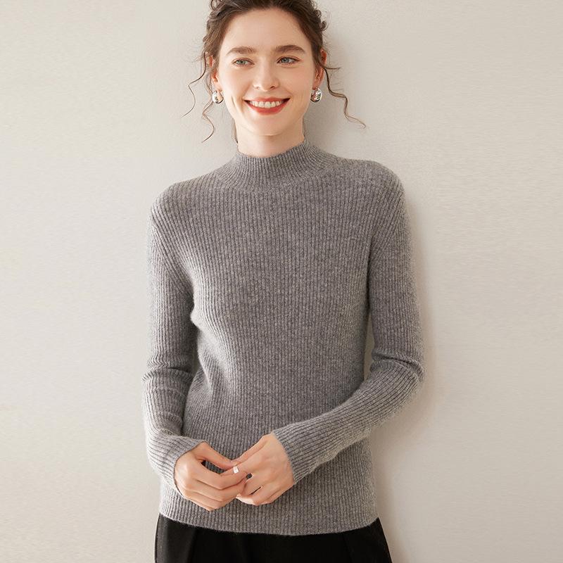 2024 Autumn/Winter Women's Ribbed Slim Fit Cashmere Half-High Neck Pullover Sweater