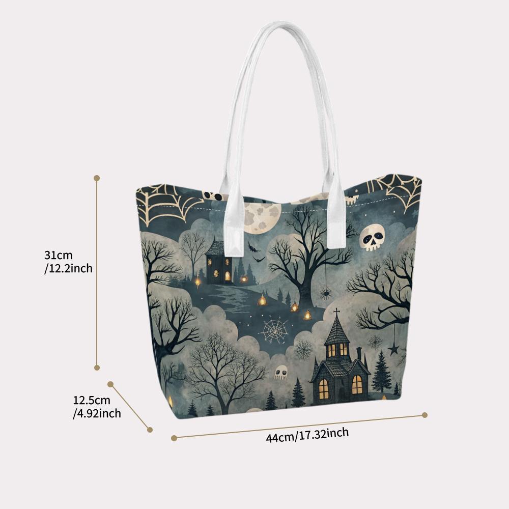 Halloween Gothic Spooky Castle Skull Print Women Large Casual Shoulder Tote Bag