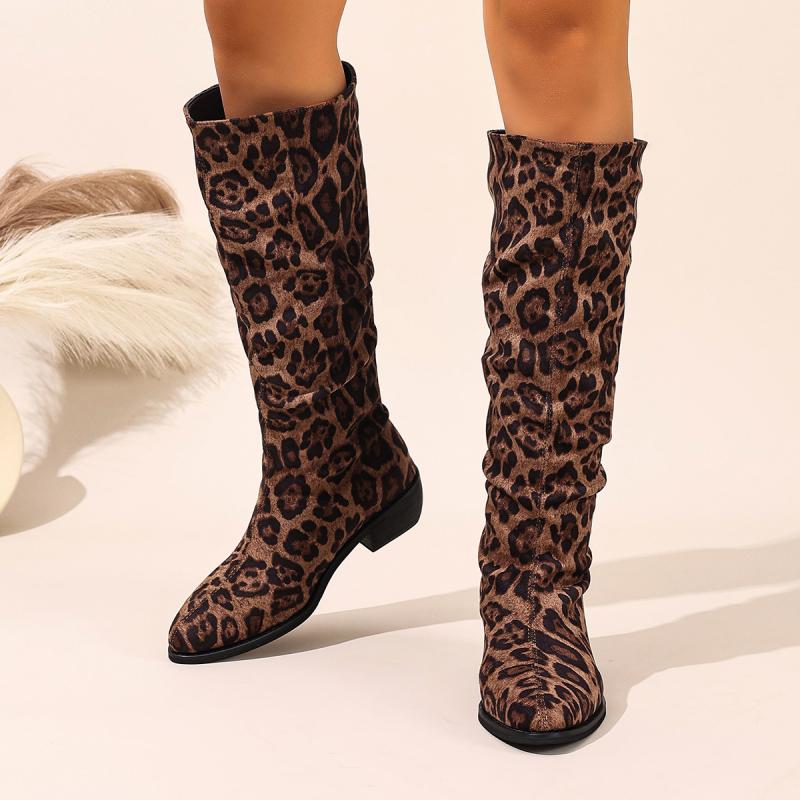 Sexy Leopard Suede Knee Boots Women 2025 Autumn Pointed Toe Medium Heel Slip On Long Boots Brand Design Soft Pleated Boots