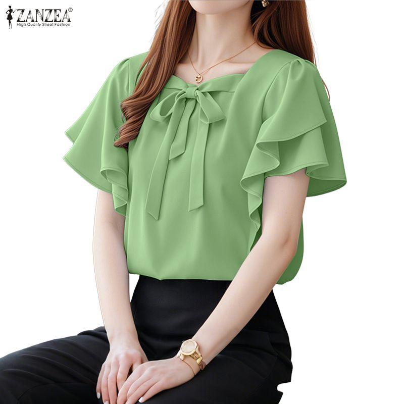 ZANZEA Women Casual Square Collar Ruffles Short Sleeve Loose Blouse