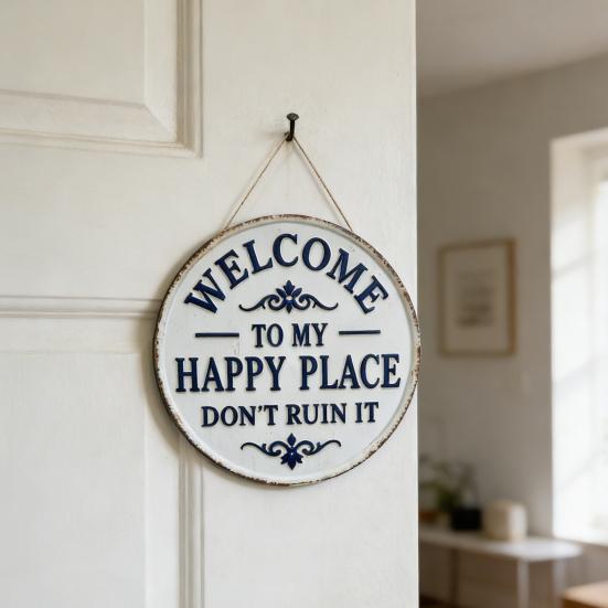 Welcome Sign for Front Door Round Metal Welcome To My Happy Place Hanging Plaque for Home Office Bedroom Kitchen Dining Bar Decor