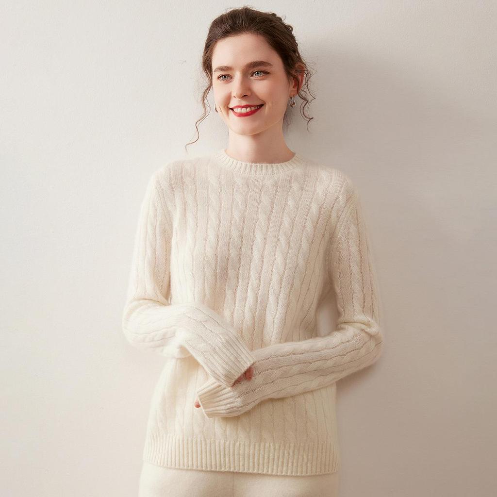 Women's Retro Cable Knit Cashmere Sweater - Autumn/Winter Slim Fit Round Neck Top