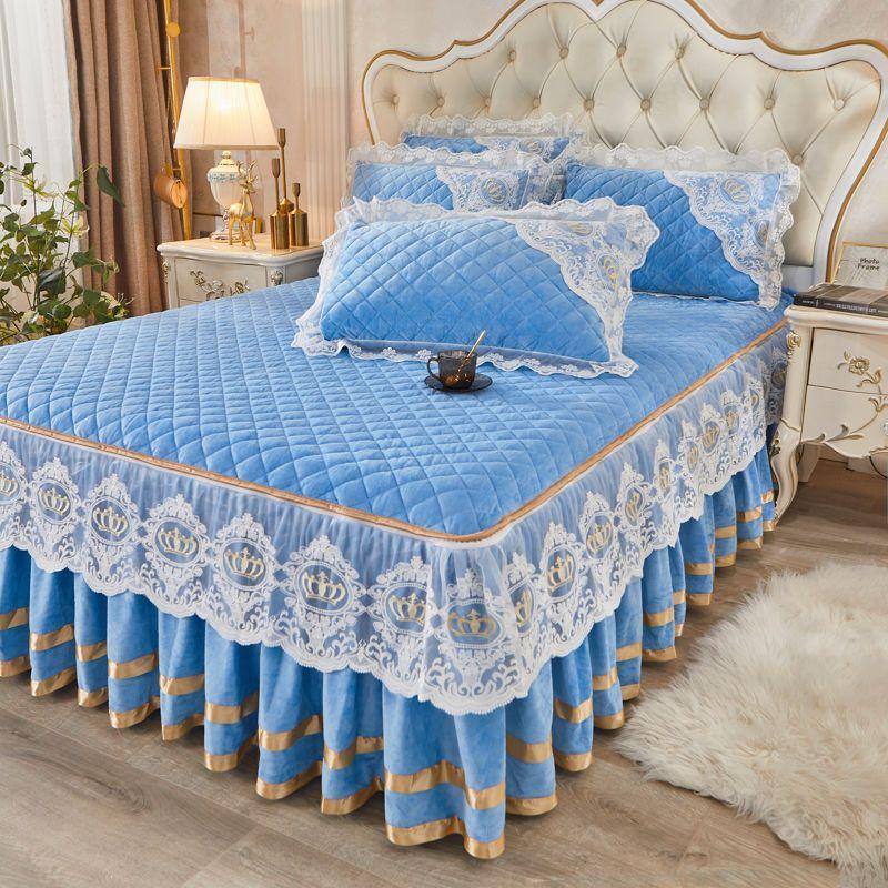 European Style Velvet Bed Skirt Quilt Cover Pillowcase 3pc Suit Thicken Autumn Winter Keep Warm Double Sided Short Plush Bedspread Quilt Cover