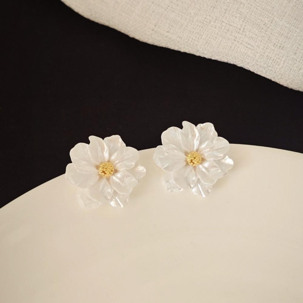 Retro Temperament Weiße Harzblüten Stereo Simulation Kamelienblüte Ohrstecker für Damen Süße Schmuck Accessoires Geschenke