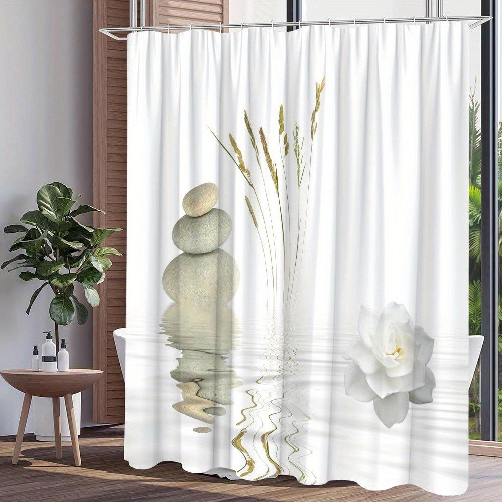 Minimalist Shower Curtain - Stone & Wheat, White Peony Reflection, Polyester, 70In, 12 Hooks, Machine Washable