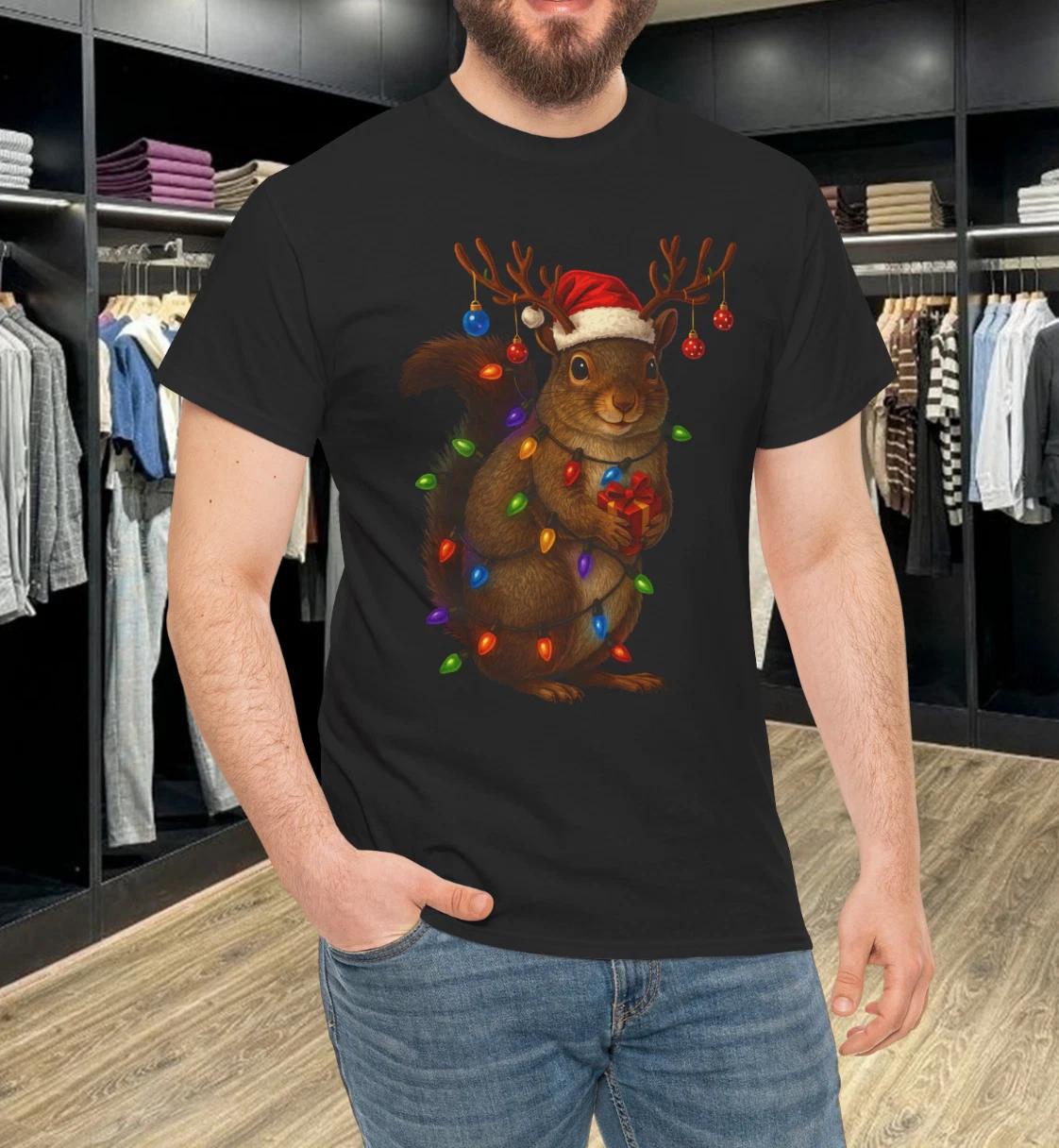 Christmas Squirrel Lights T- Shirt – Cute Holiday Graphic Tee, Funny Xmas Shirt S