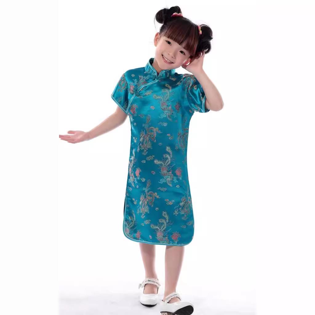 Girls' Ethnic Summer Dragon & Phoenix Tang Suit Qipao Performance Dress - Red