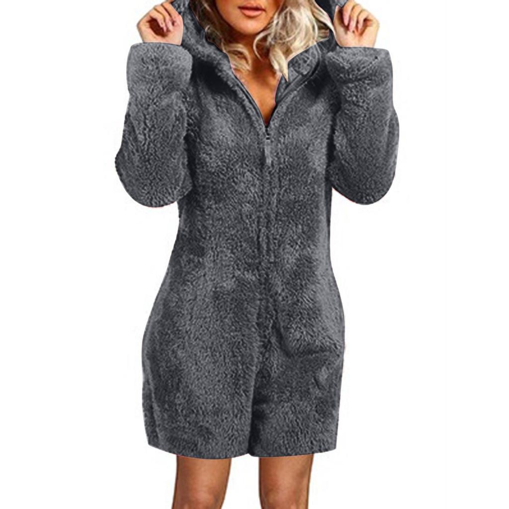 Women Long Sleeve Hooded Jumpsuit Pajamas Casual Winter Warm Rompe Sleepwear