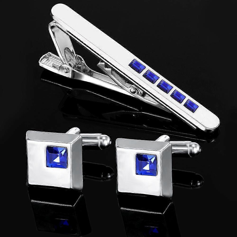 New men's French shirt, business tie clip, and cufflink set, retro blue diamond alloy collar clip.