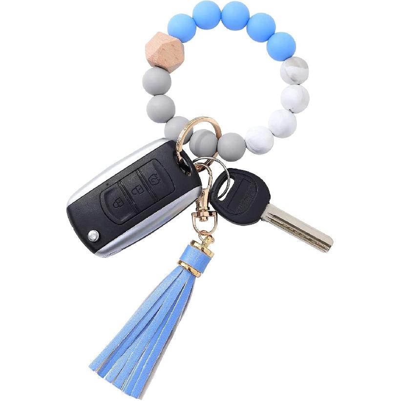 BAOSIWA Silicone Beaded Bracelet Keychain Wristlet Key Ring Bangle Chains for Women with Leather Tassel