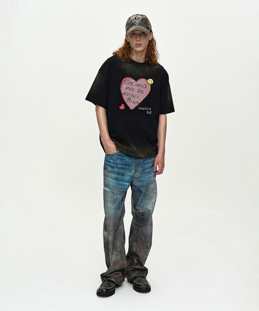 ADSB ANDERSSON BELL (Essential) Unisex Spray Washed Heart Message T-Shirt Atb1432U(Black)
