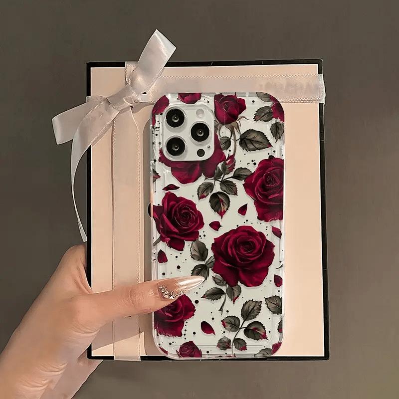 Wine Red Rose Design Drop-proof Soft Phone Case for Apple 12-17 Pro/Plus