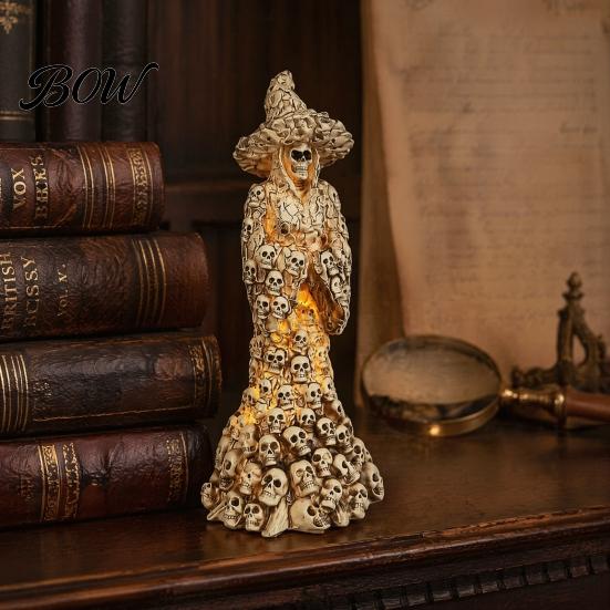 Outdoor Haunted House Prop Skeleton Witch Resin Figurine, Halloween Gothic Skull Statue, Spooky Dark Atmosphere Party Decor Fantasy Ornament for