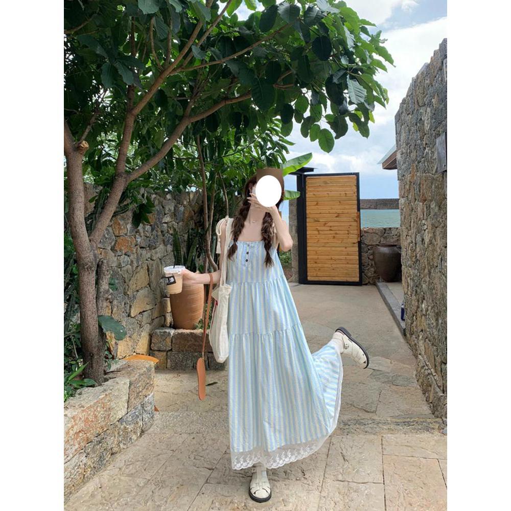 Blue striped suspender dress children's summer new women's small seaside vacation dress