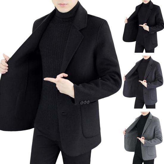 Men Woolen Coat Lapel Long Sleeve Single Breasted Jacket Coat with Pockets Solid Color Loose Fit Casual Outerwear Cold Weather Wear