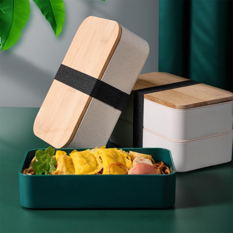 Mikrowellengeeigneter japanischer Lebensmittelbehälter, geräumige doppelstöckige Kunststoff-Bento-Lunchbox mit Besteck und Bambusdeckel