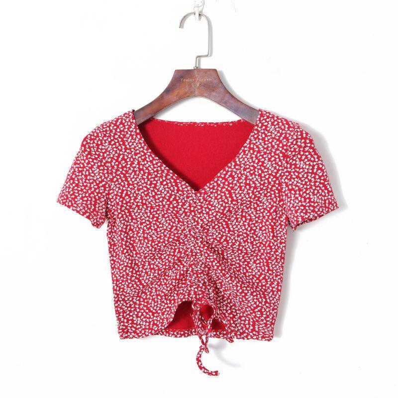 

2023 Summer Women s Clothing Fresh Floral Offset Printing V Neck Pullover Short Sleeve Drawstring Lace Ruched Fitted Short T-shirt Red Bottom Floral S