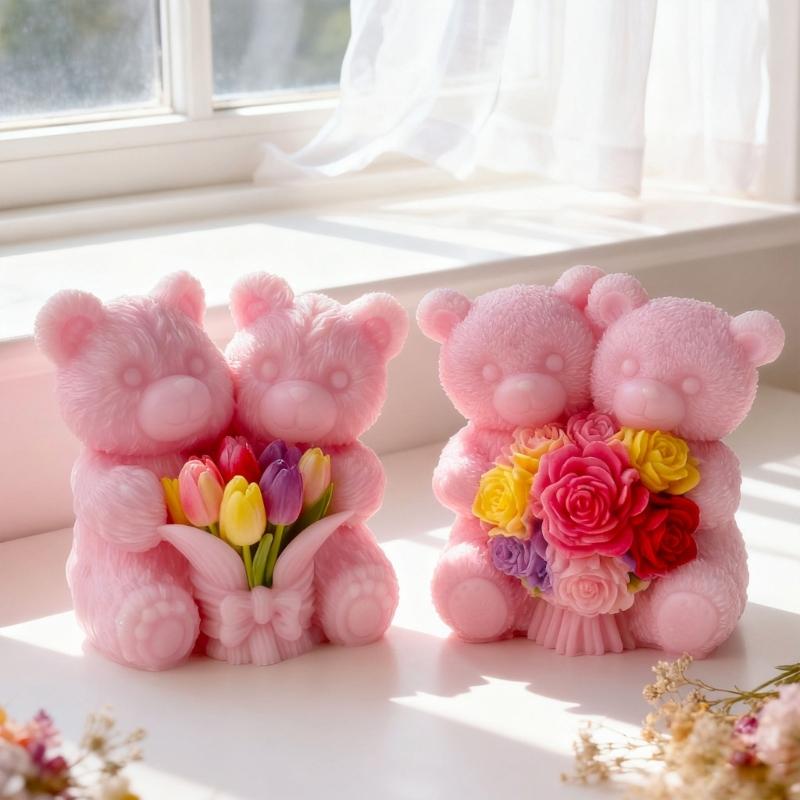 Flexible Reusable Silicone Mold For DIY Candle Making Featuring Adorable Couple Bear Shape And Heat Resistant Materials