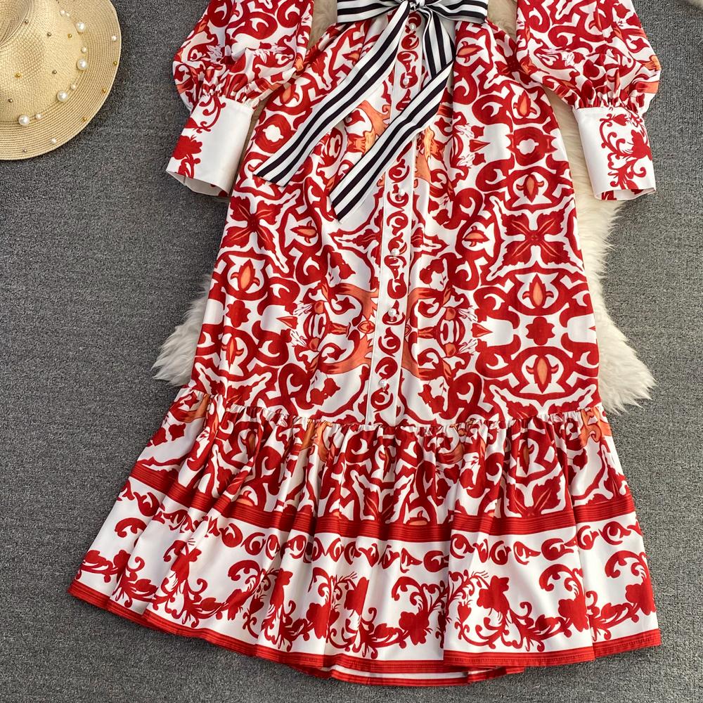 Podzimní móda Bohémský geometrický potisk květin Dlouhé společenské šaty maxi Dámské Popelín Stojánek Límec Lucerna Rukáv Šněrování Šaty na dovolenou