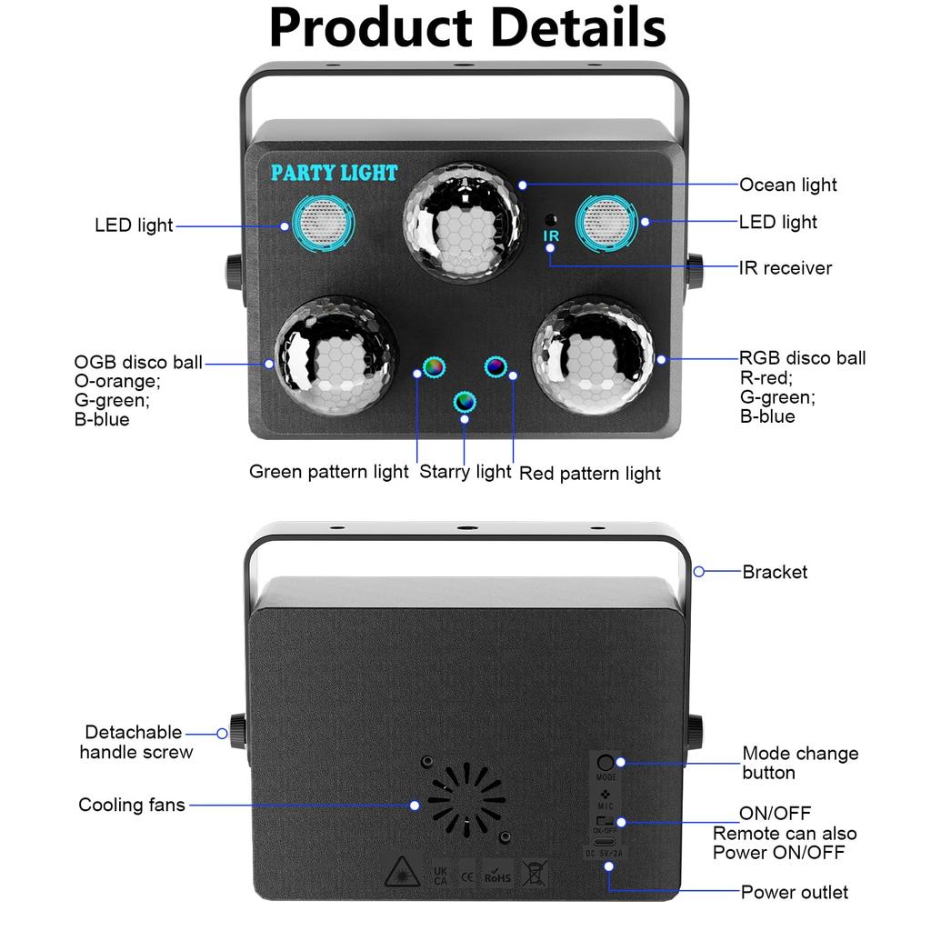 Party lights, disco DJ strobe lights, rave stage projector effects, dance club lights, with sound-enabled remote control, for parties, home shows, kar