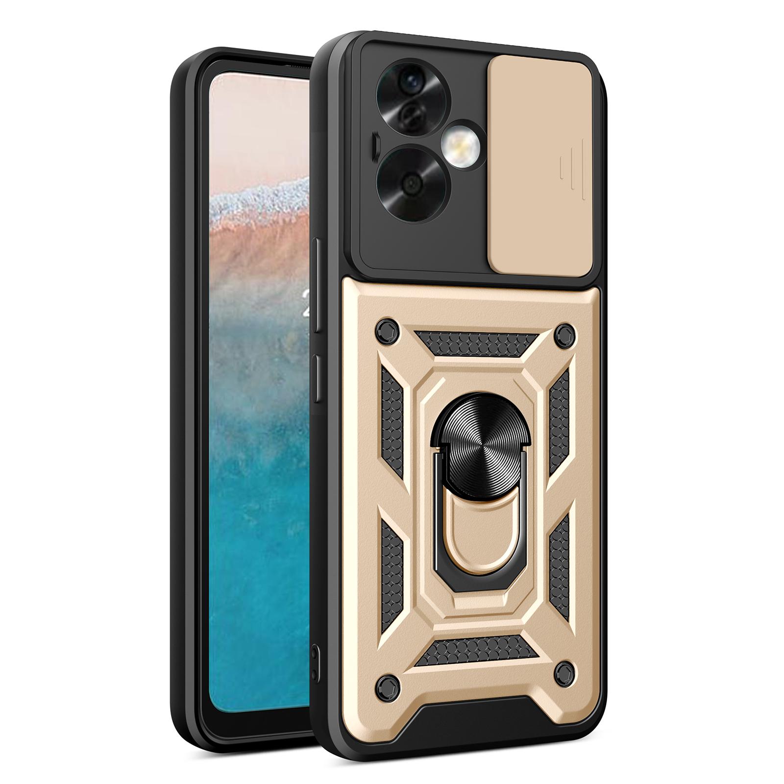 

For Oppo A79 5G/A2 5G Case PC+TPU Ring Kickstand Back Cover with Slide Lens Window Gold